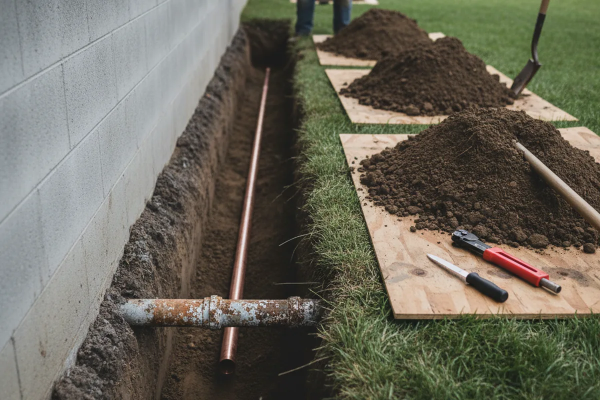 Excavated water line trench during Water Softener Installation in Saratoga